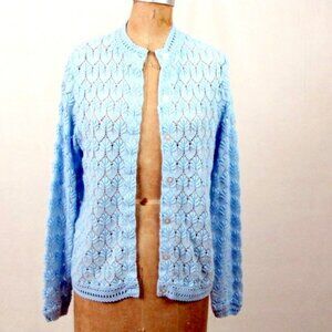Vintage 70s Blue Sweater Cardigan Lane Bryant Medium Long Rockabilly School Girl